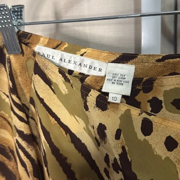 Paul Alexander Silk Wrap Skirt Size 10 Brown Green Tan Animal Print Midi - Picture 2 of 3